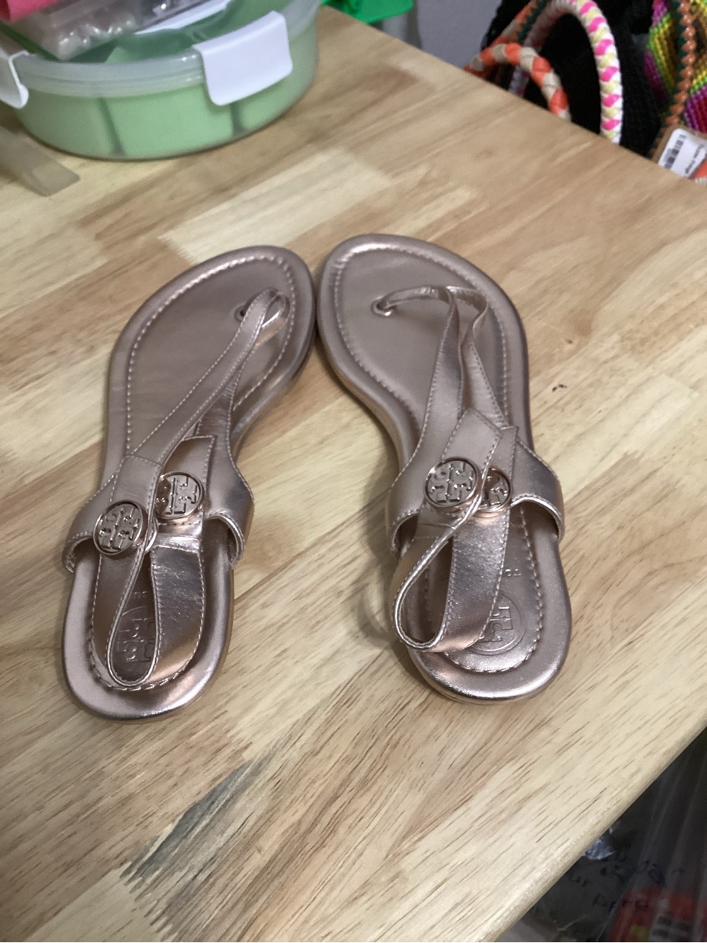 Tory Burch Metallic Rose Gold Thong Sandals with Logo Medallion
